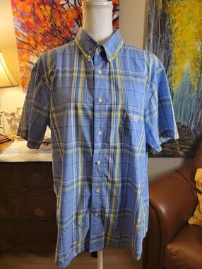 Chaps Blue and Yellow Plaid Short-Sleeve Button-Down Shirt